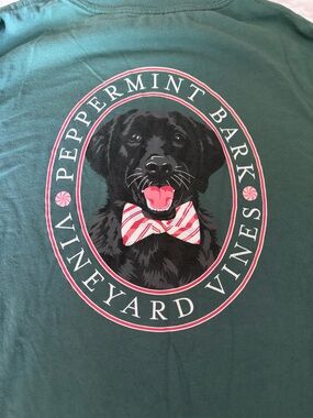 Vineyard Vines Green Peopermint Bark Dog Graphic Tee with Red & White Bow Tie
